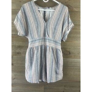 American Eagle Womens Romper Striped VNeck Cinched Waist Linen Blend Large